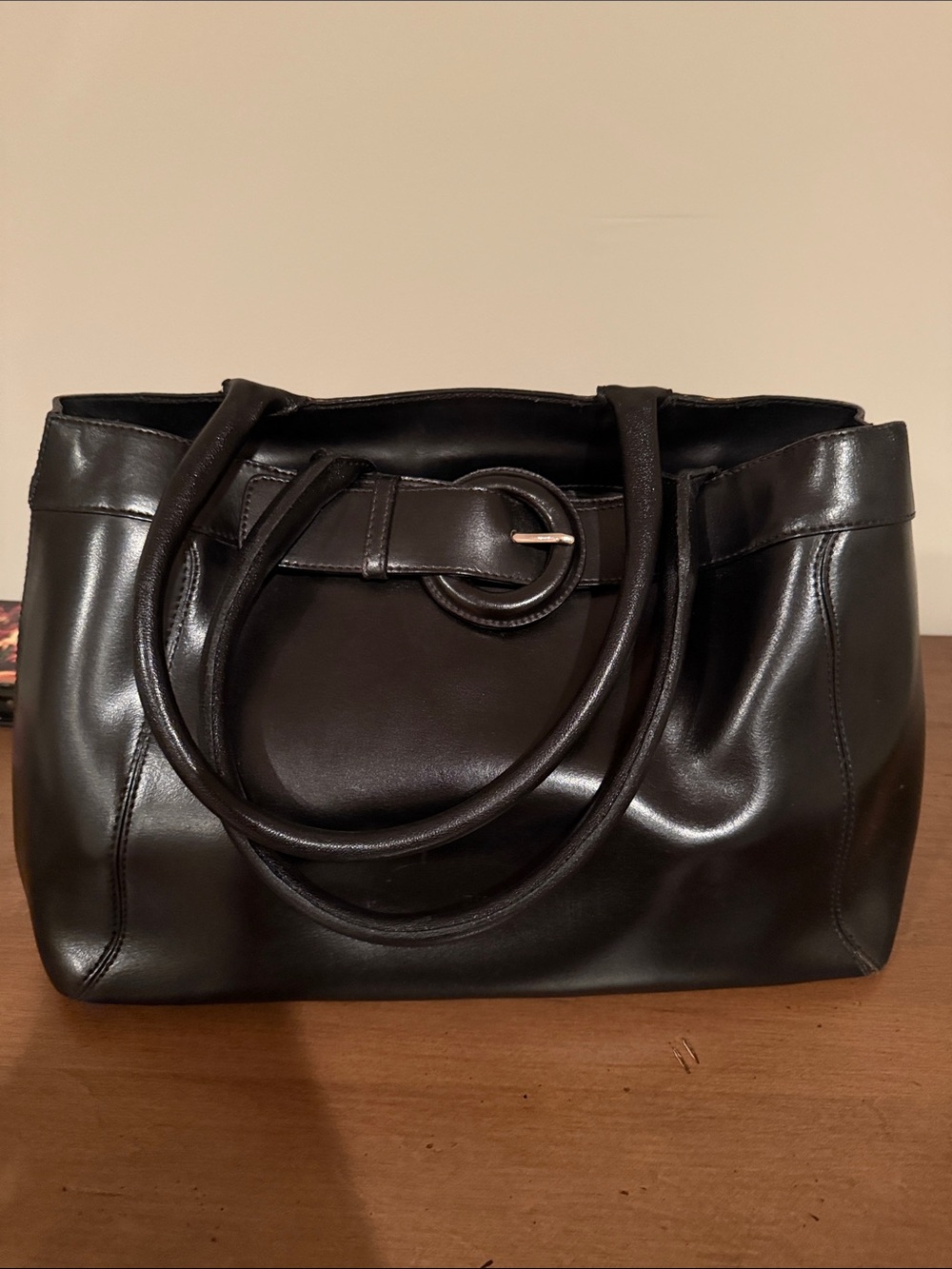 Furla Classic Black Leather Tote with Buckle Detail